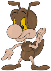 A Brown Ant Stands on the Ground and Points his Finger at Something - Colored Cartoon Illustration Isolated on White Background, Vector