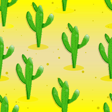 Seamless pattern with cactus with thorns, succulent on color background. Vector drawing illustration for icon, game, packaging, fabric, textile. Wild west, western, cowboy concept