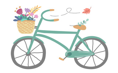 Fototapeta na wymiar Green bicycle and flower basket designed in pastel tones, vintage doodle style, great for cards, posters, digital print clothing, fabrics, spring theme decorations and more.