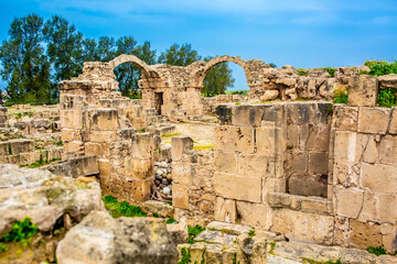 Cyprus The ruins of the ancient Greek city in Paphos is an archaeological site. Greece island. Tourist place, sightseeing of the island of Cyprus. Interesting historical tours. background copy space