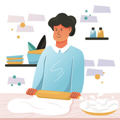The smiling man rolls out the dough in the kitchen. Cartoon character preparing pastry.