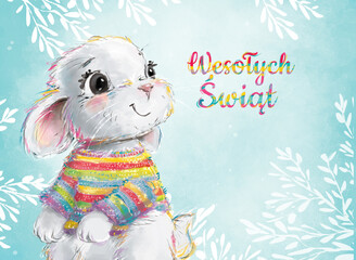 Banner świąteczny, kartka wielkanocna z uroczym, kolorowym króliczkiem w sweterku z napisem w języku polskim. Grafika wielkanocna. 