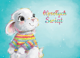 Fototapeta Banner świąteczny, kartka wielkanocna z uroczym, kolorowym króliczkiem w sweterku z napisem w języku polskim. Grafika wielkanocna.  obraz