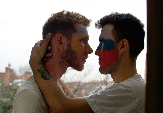 Gay couple - antiwar body paint