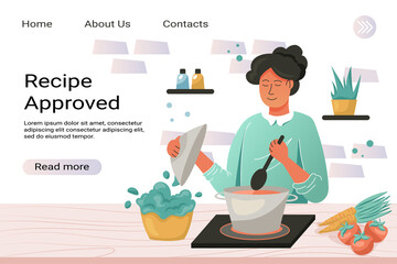 Recipe approved vector landing page template. Vector cartoon illustration, dinner, cozy home atmosphere.