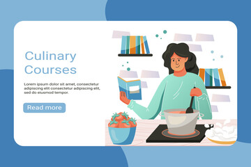 Culinary courses vector landing page template. Woman cooking soup vector cartoon illustration.
