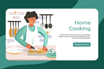Home cooking vector landing page template. Vector illustration in cartoon style. A girl in an apron is cooking.
