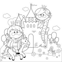 Rapunzel fairy tale princess at the castle and prince riding a horse. Vector black and white coloring page