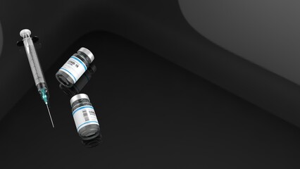 Overhead view of Ampoules with COVID-19 coronavirus vaccine and syringe in dark background. With copy space - 3d render	