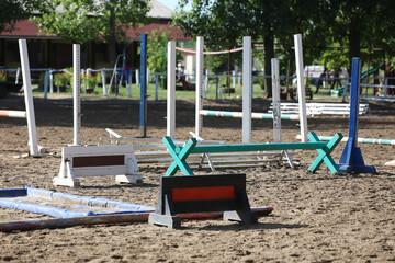 Fototapeta na wymiar Show jumping poles obstacles, barriers, waiting for riders
