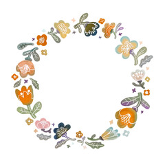 Watercolor wreath of cute flowers and leaves. Gentle vector illustration.