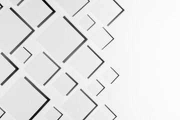 White geometric abstract background with rhombuses in soft light sunlight with dark strict shadows as border, copy space, top view. Elegant modern backdrop in minimal style.