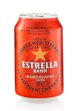 LONDON,UK - FEBRUARY 01,2022: Estrella original damm beer from Barcelona on white background.