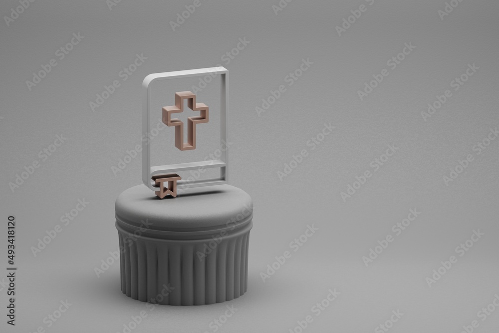 Poster wonderful bible symbol icons on a column stand and beton background. 3d rendering illustration. back