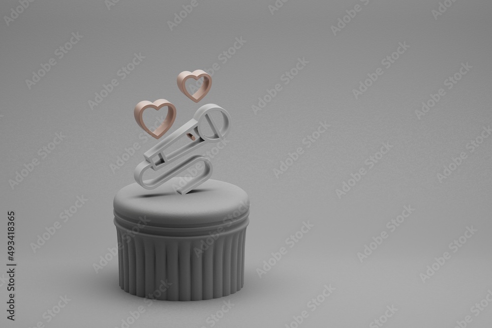 Poster Wonderful Microphone with heart symbol icons on a column stand and beton  background. 3d rendering illustration. Background pattern for design. Wedding day..