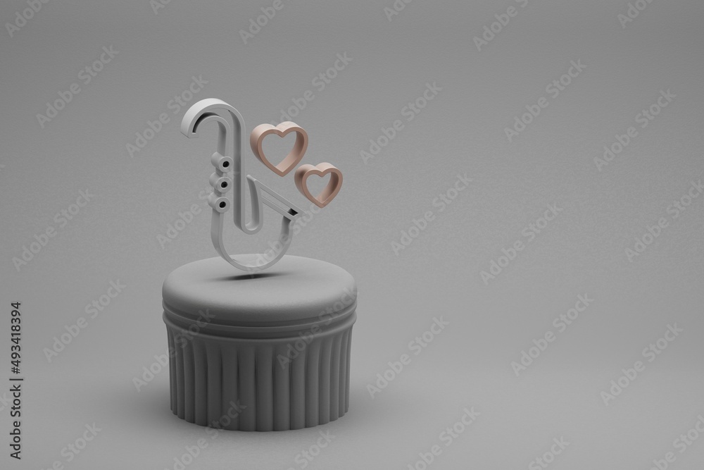 Poster wonderful saxophone with heart symbol icons on a column stand and beton background. 3d rendering ill