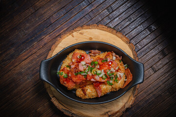 Meat stew with baked potatoes- hunter style. Fastfood- restaurant concept