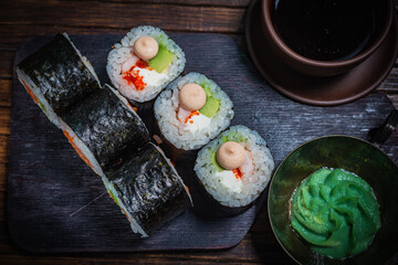 Sushi- delicious menu Fastfood- restaurant concept