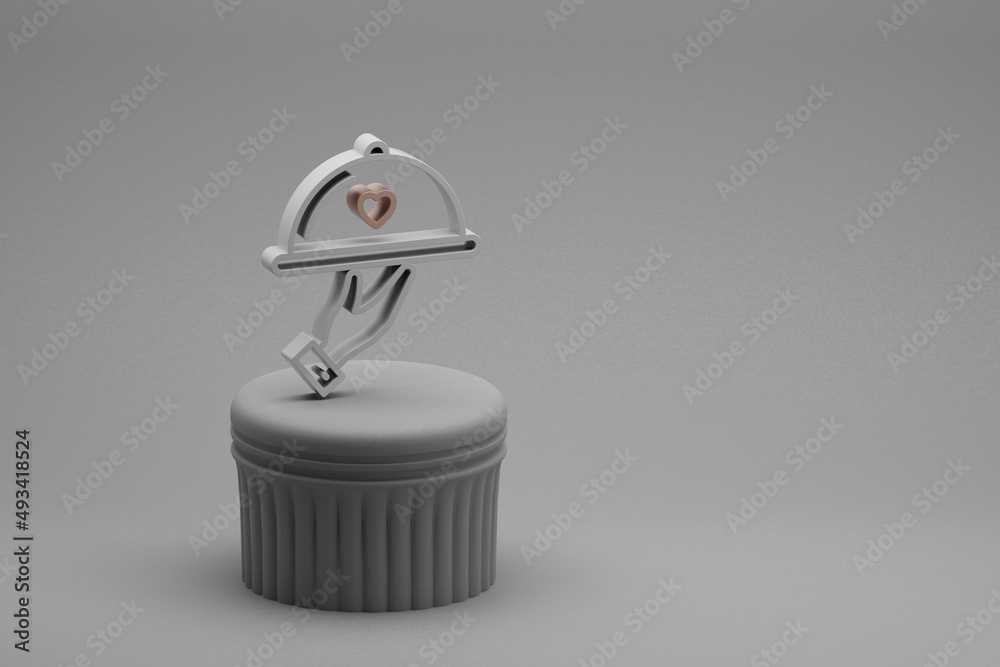 Poster wonderful wedding dinner with heart symbol icons on a column stand and beton background. 3d renderin