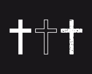 Set of hand-drawn black grunge cross icons, collection of simple Christian cross signs,