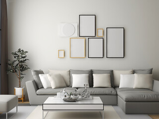 Mockup frame in modern room with multiple frames, grey sofa, and pillows. 3d illustration. 3d rendering 