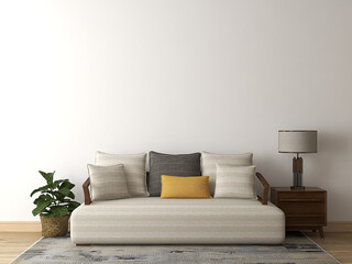 Mockup wall with sofa, pillows, and table lamp. 3d illustration. 3d rendering