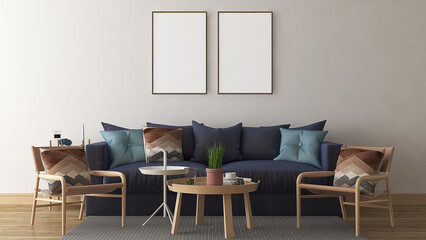 Mockup frame in scandinavian interior with blue sofa and pillows.  3d rendering. 3d illustration.
