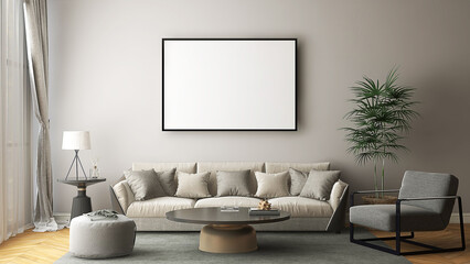 Mockup frame in living room with frame, beige sofa, armchair, and table. 3d illustration. 3d rendering