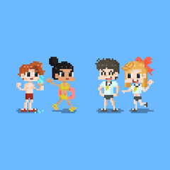 Pixel art cute people character in swimming suit.