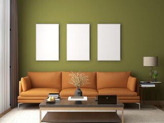 Mockup frames  with green painted wall, 3 frames, and orange leather sofa. 3d illustration. 3d rendering