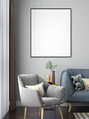 Mockup frame in modern interior with grey armchair and blue sofa. 3d illustration. 3d rendering