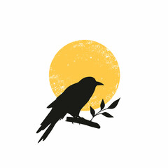 Silhouette of raven with sunset. vector illustration. Scandinavian poster design