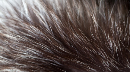 Black fox fur close up. Background of gray animal fur chinchilla, texture of fur pile. Eco-wool, eco-leather artificial fur.