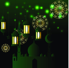 Islamic Ramadan Kareem banner background with crescent pattern moon star mosque lantern.