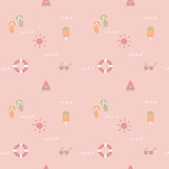 seamless summer time holiday vacation season repeat pattern in pink background, flat vector illustration design