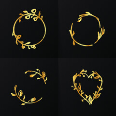 Golden Light Frames set Isolated On Black. Set frames with leaves and flowers