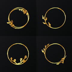 Golden Light Frames set Isolated On Black. Set frames with leaves and flowers