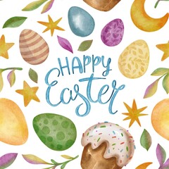 Hand Drawing Watercolor Easter seamless pattern isolated on white background. Happy Easter Lettering with easter eggs, satrs and cakes. Use for poster, card, fabric, textile, design, packaging