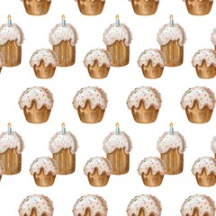 Hand Drawing Watercolor Easter seamless pattern isolated on white background. Easter sweet cakes kulich. Use for poster, card, fabric, textile, design, packaging