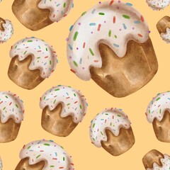 Hand Drawing Watercolor Easter Cakes Kulich seamless pattern isolated on light orange background. Use for poster, card, fabric, textile, design, packaging