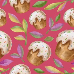 Hand Drawing Watercolor Easter Cakes Kulich with Plants seamless pattern isolated on fuchsia background. Use for poster, card, fabric, textile, design, packaging
