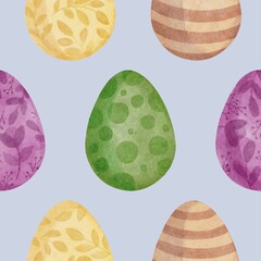 Hand Drawing Watercolor colorful Easter Eggs seamless pattern isolated on blue background. Use for poster, card, fabric, textile, design, packaging