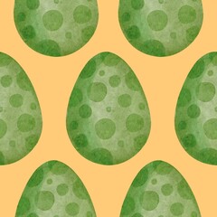 Hand Drawing Watercolor green Easter Eggs seamless pattern isolated on yellow background. Use for poster, card, fabric, textile, design, packaging