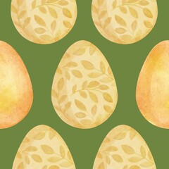 Hand Drawing Watercolor yellow Easter Eggs with flowers seamless pattern isolated on green background. Use for poster, card, fabric, textile, design, packaging