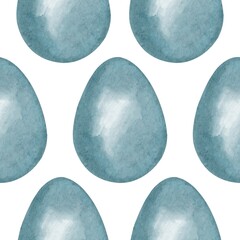 Hand Drawing Watercolor blue Easter Eggs seamless pattern isolated on white background. Use for poster, card, fabric, textile, design, packaging