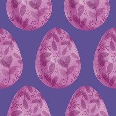 Hand Drawing Watercolor pink fuchsia Easter Eggs with flowers seamless pattern isolated on purple background. Use for poster, card, fabric, textile, design, packaging