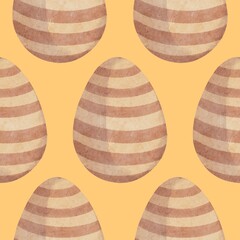 Hand Drawing Watercolor beige Easter Eggs with stripes seamless pattern isolated on yellow background. Use for poster, card, fabric, textile, design, packaging