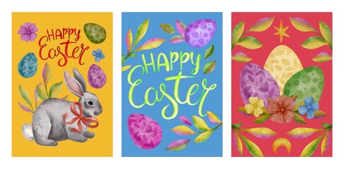 Hand Drawing Watercolor Easter Greeting Card. Set of easter poster, yellow, blue and red background. Use for poster, flyers, design