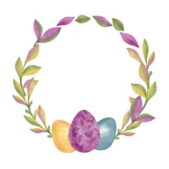 Hand Drawing Watercolor leaves Wreath with colorful Easter Eggs. Use for greeting card, celebration, festival,  design, print, packaging