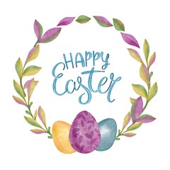 Hand Drawing Watercolor leaves Wreath with colorful Easter Eggs and Happy Easter Lettering. Use for greeting card, celebration, festival,  design, print, packaging